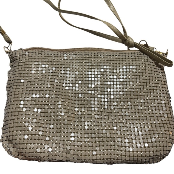 Y2K Taupe Metal Mesh Shoulder Bag Purse Evening Crossbody Removable Strap 9x7” - Picture 2 of 7